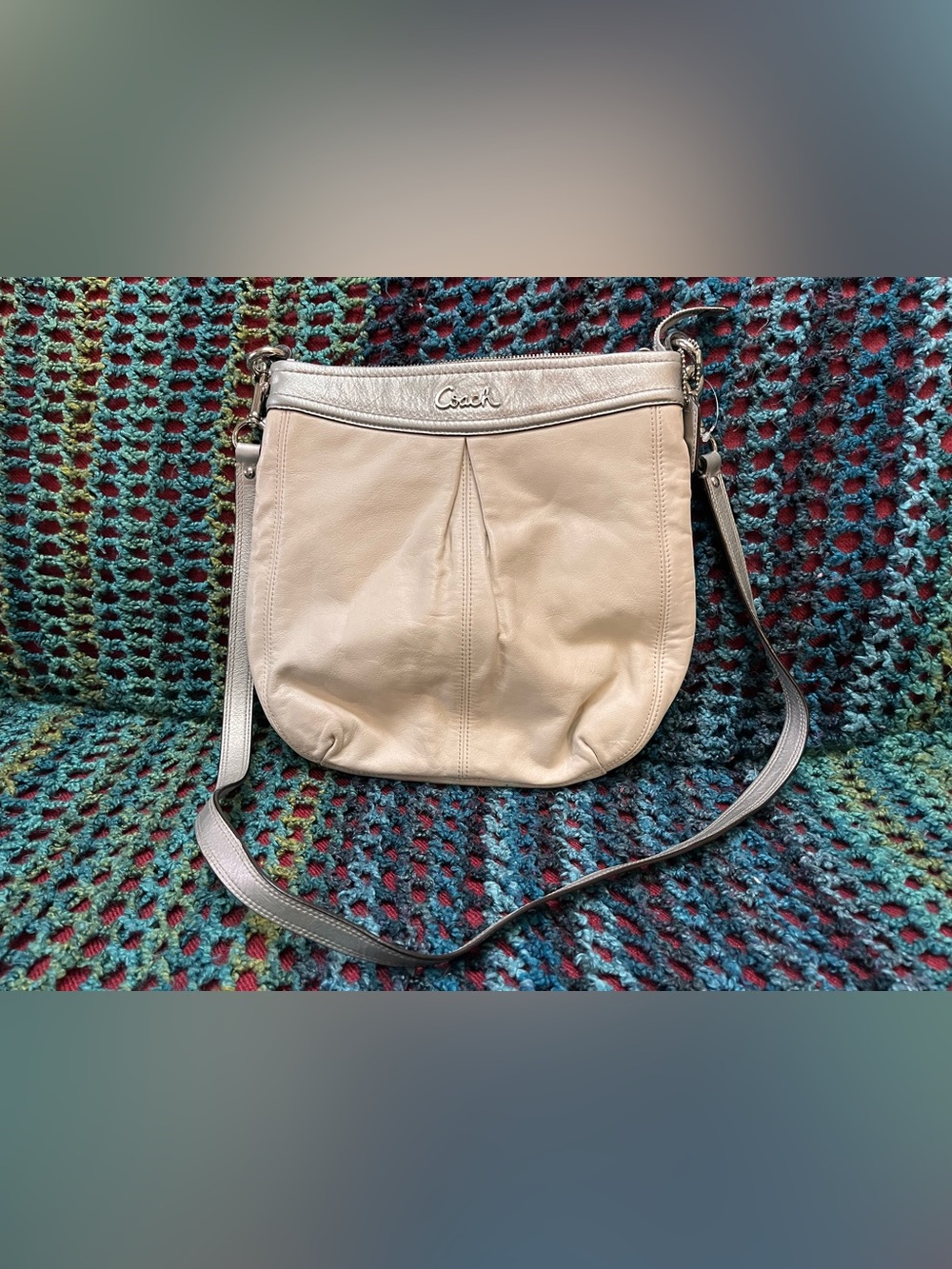 Coach Ashley Leather Hippie Hobo Crossbody Bag in Beige with Metallic Trim